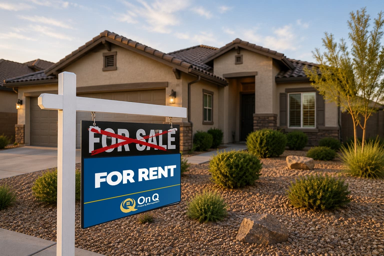 A yard sign in front of a single-story desert home with FOR SALE crossed out in red and FOR RENT below it in On Q Property Management blue