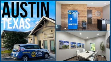 Four views of the On Q Property Management Austin office: the stone building exterior with a branded On Q vehicle parked outside, the lobby with the blue On Q lockers unit against a wood-panelled wall, and the conference room with framed market posters for Gilbert, Tucson and Plano on the wall