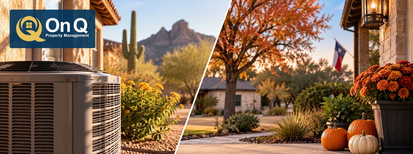 Split autumn scene with an air conditioning unit and desert home on the left and a fall tree, pumpkins and Texas flag on the right, with the On Q Property Management logo
