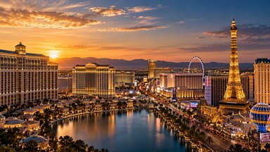 Las Vegas Strip at sunset, with the Bellagio fountain lake, the Paris Las Vegas Eiffel Tower replica and the High Roller observation wheel under an orange sky