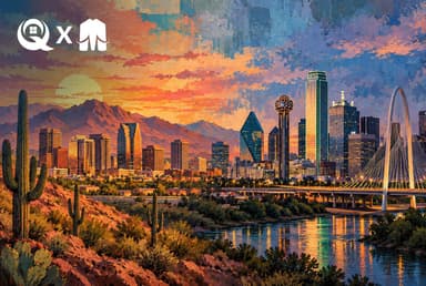 Illustration of a desert skyline with saguaro cacti at sunset blending into the Dallas skyline and a bridge, with the On Q and Mammoth Services logos