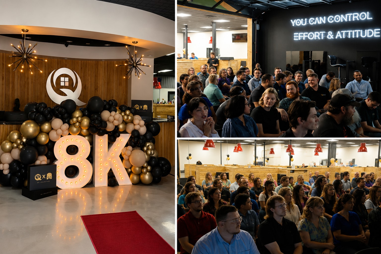 Collage from On Q Property Management's 8K homes celebration: lit 8K marquee letters with black and gold balloons in the office lobby, and team members gathered for the mid-year State of the Union