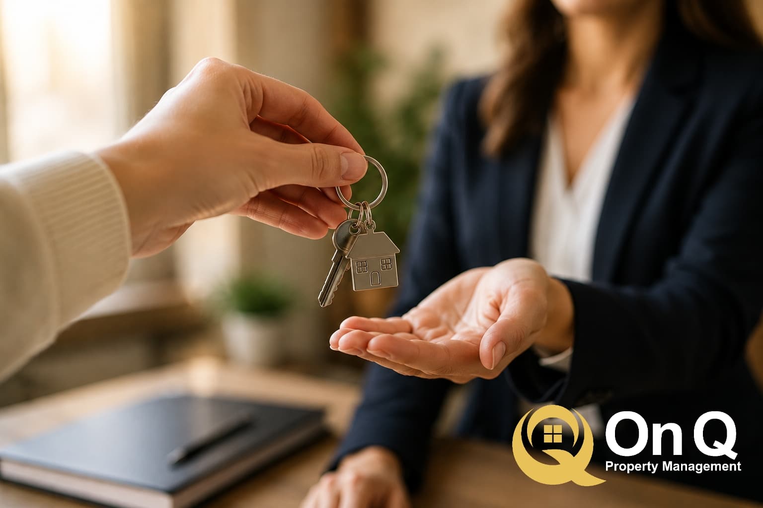 A homeowner handing house keys with a house-shaped keychain across a desk, with the On Q Property Management logo
