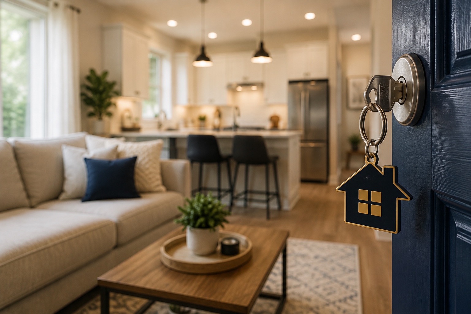 A living room and kitchen of an On Q managed rental seen from the open front door, with a key in the lock on a house-shaped keychain