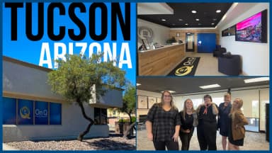 A "Tucson, Arizona" branded collage of the On Q Property Management office: the building exterior with On Q signage and a tree out front, the lobby area with a reception desk and wall-mounted screen, and five Tucson team members standing together in the office
